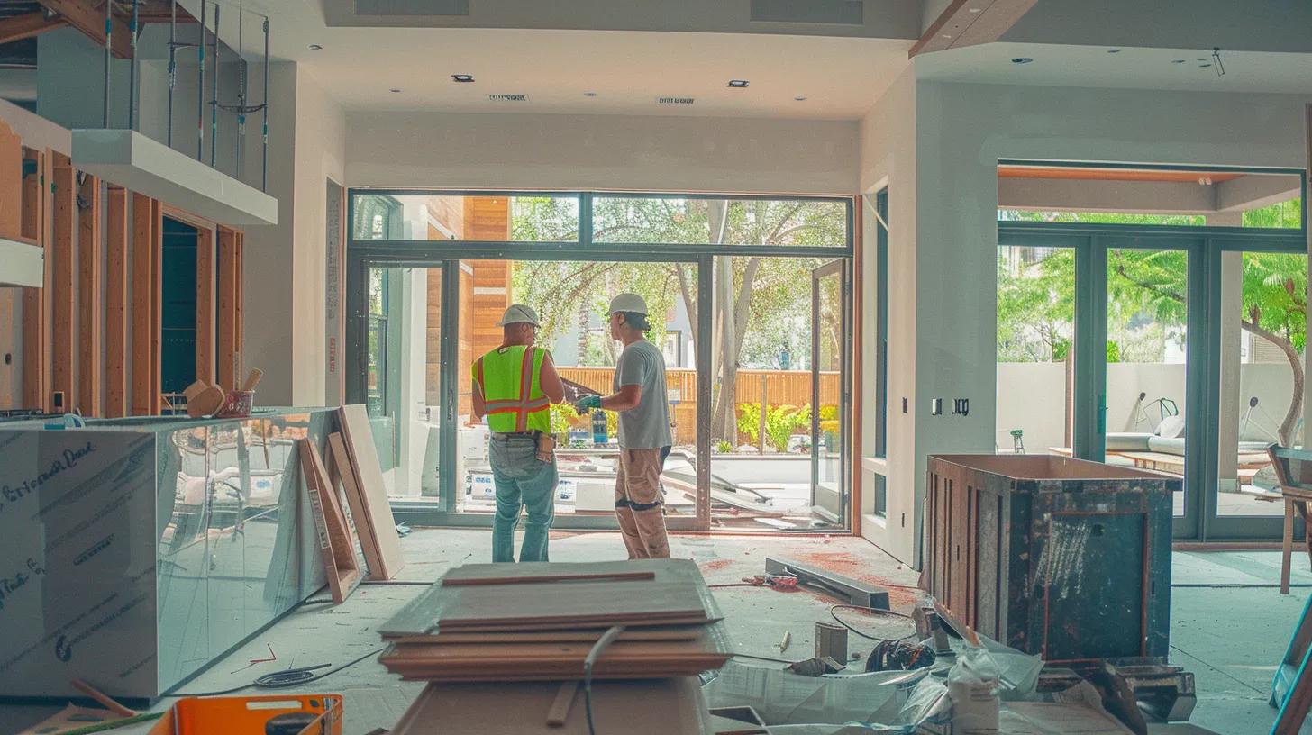 a sleek, modern home interior showcases a transformation in progress, featuring an open concept living area with stylish finishes and professional contractors diligently measuring, planning, and discussing design options amid luxurious materials and vibrant decor.