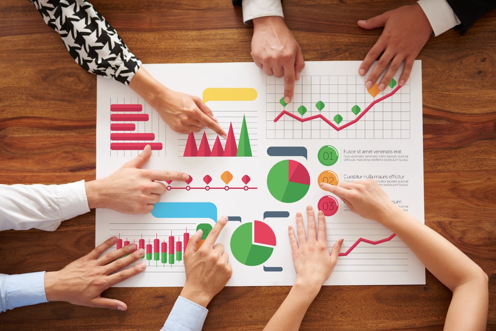 Business people's hands pointing to several charts on a table, analyzing data, and discussing strategies for developing a profitable business idea.