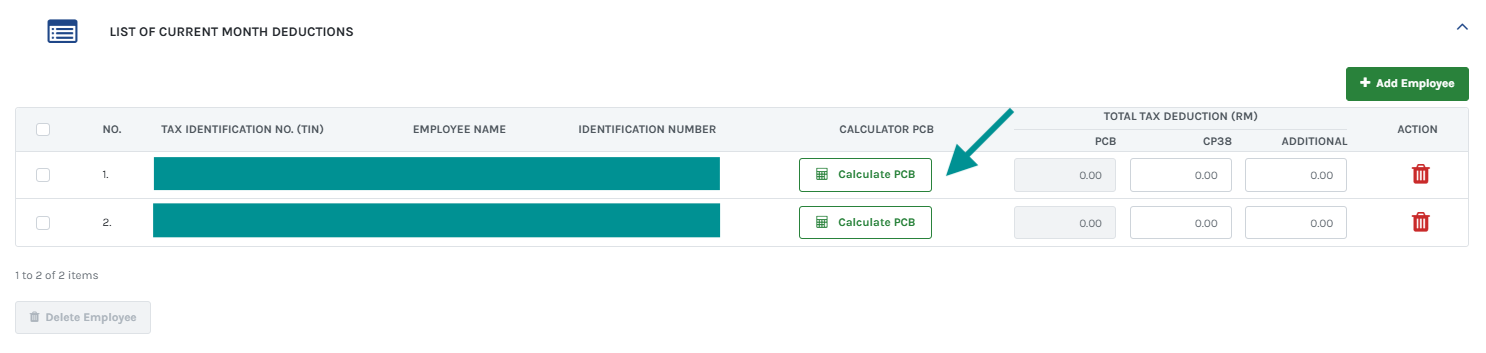Screencap of e-PCB submission page showing List of Current Month Deductions table 