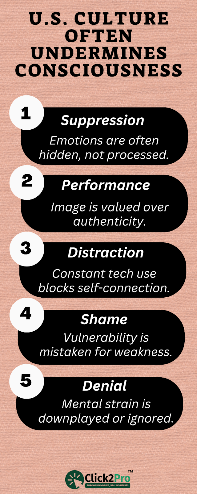 Ways U.S. culture undermines consciousness, including suppression, distraction, and denial.