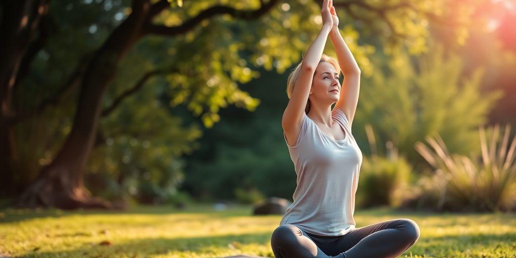 Woman practicing yoga in a peaceful natural setting.