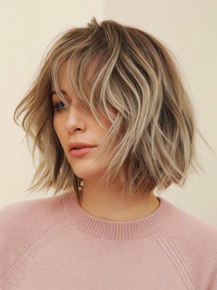 78. Light Brown Wavy Bob with Textured Layers