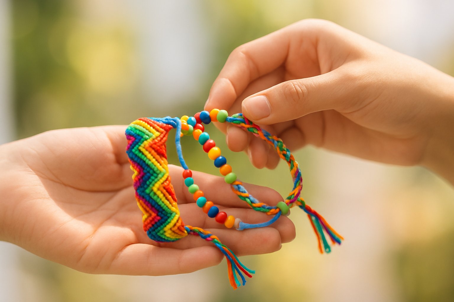 Two pairs of hands exchanging colorful best friend bracelets against a softly blurred background.