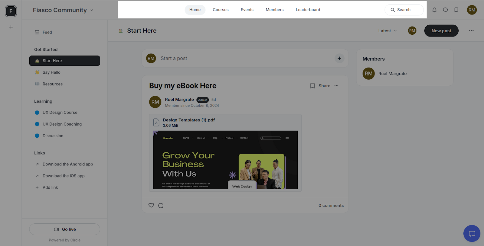 Circle's dashboard - top menu bar