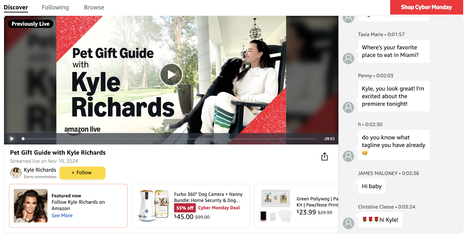 Kyle Richards pet gift guide from a live stream shopping event on Amazon