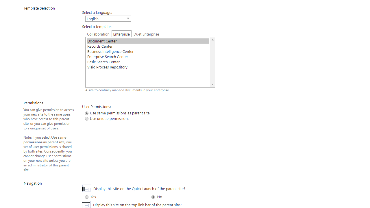 Template Selection section of a SharePoint Create Site Collection page. The Enterprise tab is selected. Options include Document Center, Records Center, Business Intelligence Center, Enterprise Search Center, Basic Search Center, and Visio Process Repository