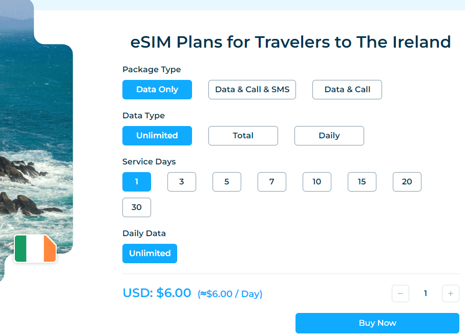 iRoamly Ireland Esim Package Types