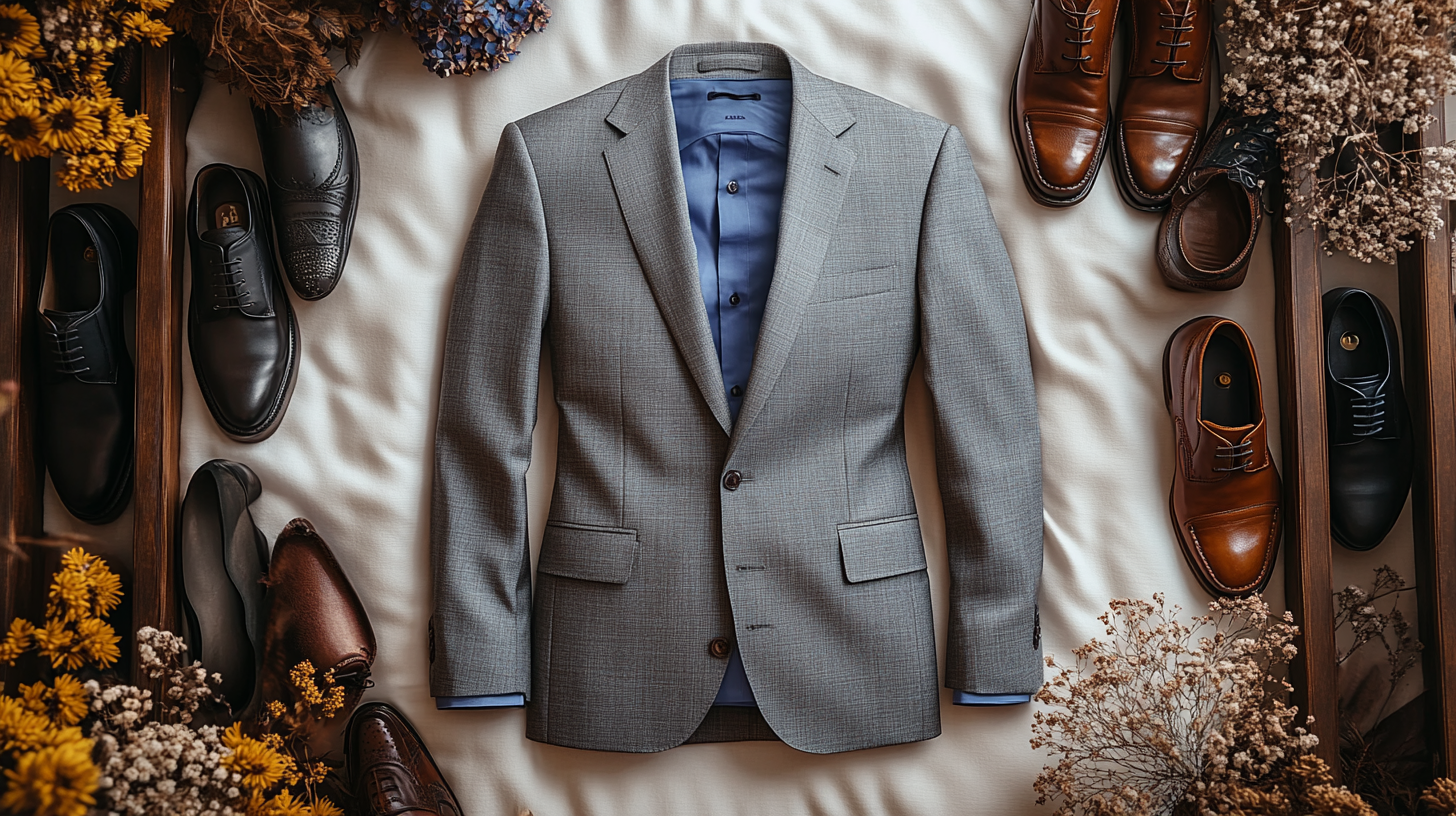 A men's gray suit, neatly laid flat on a soft, slightly flowing white fabric, creating a serene and balanced composition. The suit, paired with a blue shirt, is surrounded by various shoe options, including brown shoes, black shoes. Aesthetic elements like dried flowers add a refined touch. The scene is softly illuminated with cool white lighting, casting gentle shadows that enhance the minimalist, sophisticated vibe.