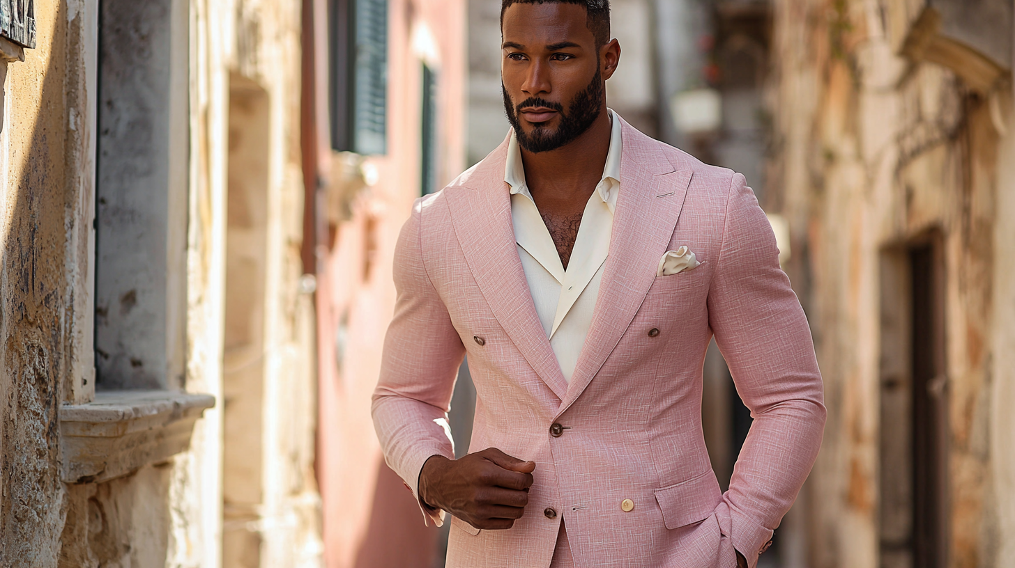 
A man wearing a soft pastel pink or blush pink suit, perfect for beginners looking to incorporate the color into their wardrobe. The suit is styled for both business settings and casual gatherings, paired with a light shirt and simple accessories like a neutral tie or pocket square. The setting alternates between a relaxed outdoor gathering and a professional office space, showing how easily the light pink suit transitions between different occasions. Photorealistic details, soft natural lighting, and a welcoming atmosphere that highlights the ease of styling these subtle shades.