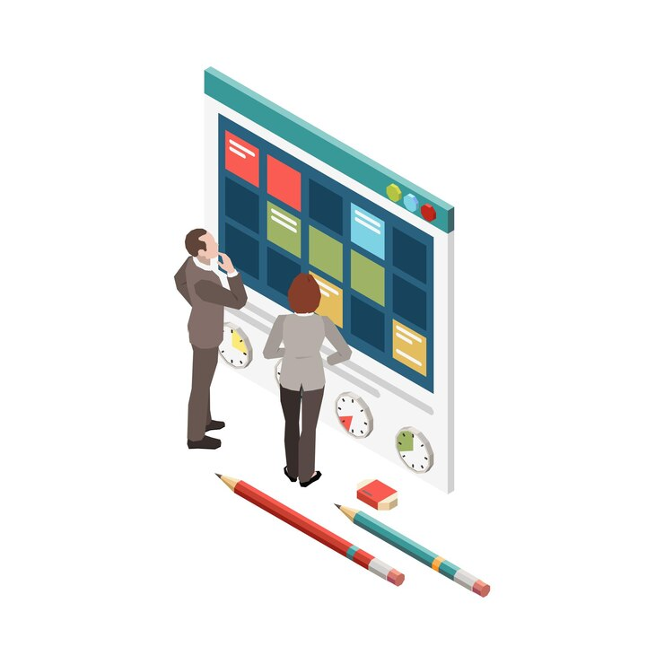 Graphic of a man and a woman looking at a blog post planning tool