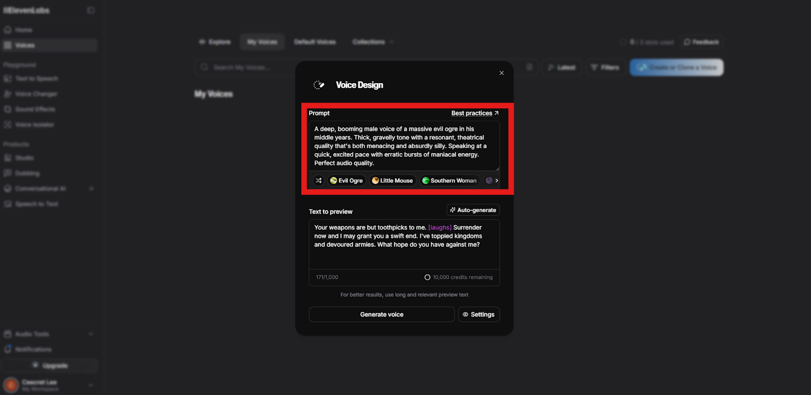 Screenshot of the ElevenLabs Voice Design interface showing the text prompt input field filled with a detailed voice description for an "evil ogre" character.