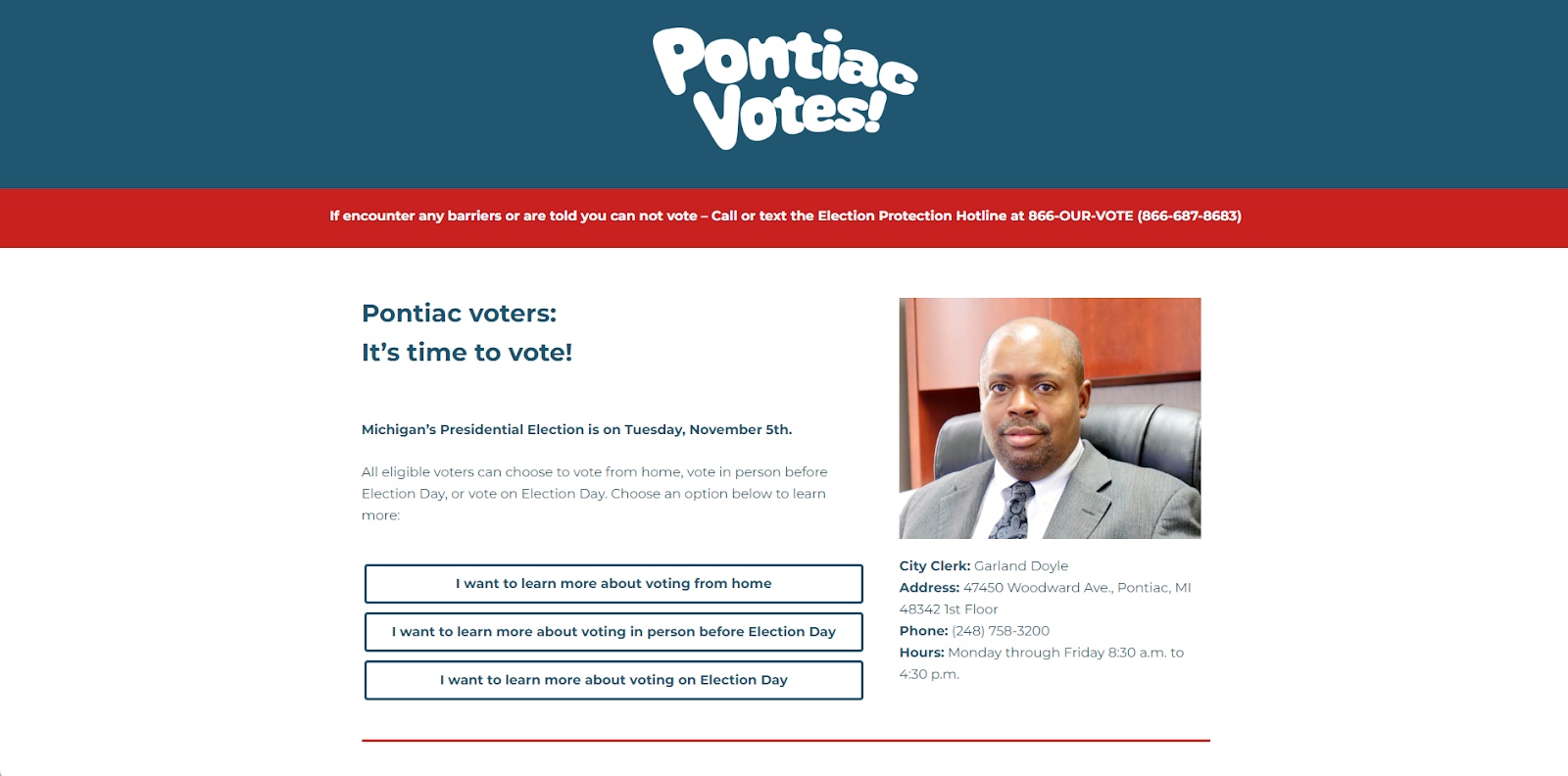 Pontiac Votes website encouraging voting. Contact information for City Clerk Garland Doyle is provided.