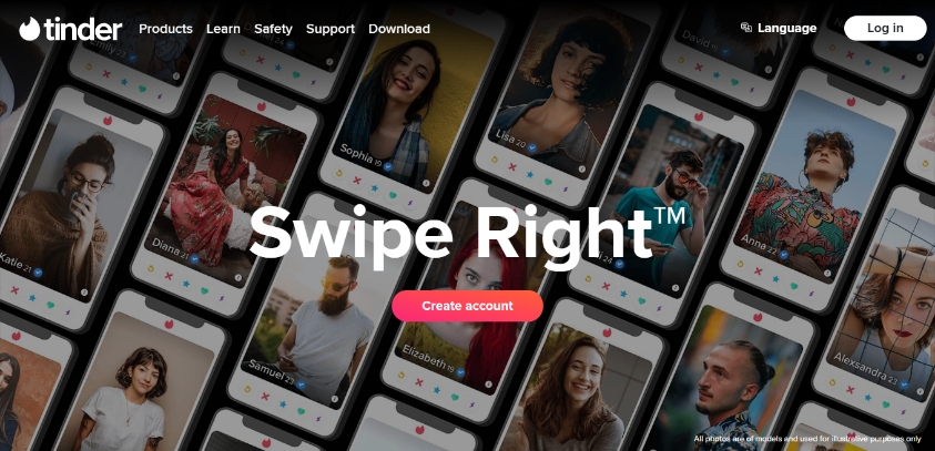 Tinder dating app homepage