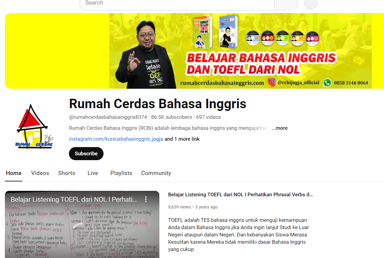 channel youtube belajar toefl Rumah Cerdas Bahasa Inggris