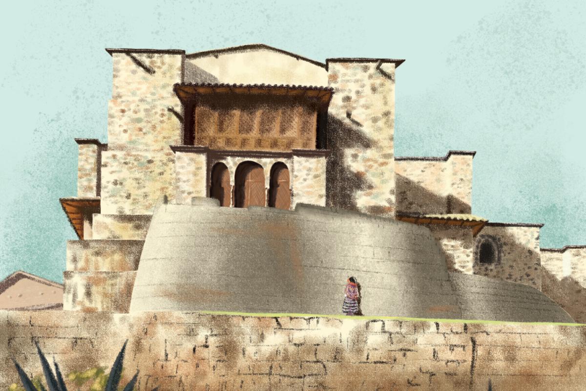 An illustration depicting the Inca temple of Coricancha in Cusco.