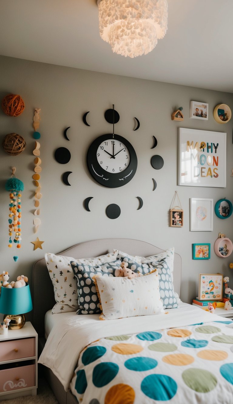 A moon phases clock hangs on the wall of a cozy kids' bedroom, surrounded by 22 creative and whimsical decor ideas