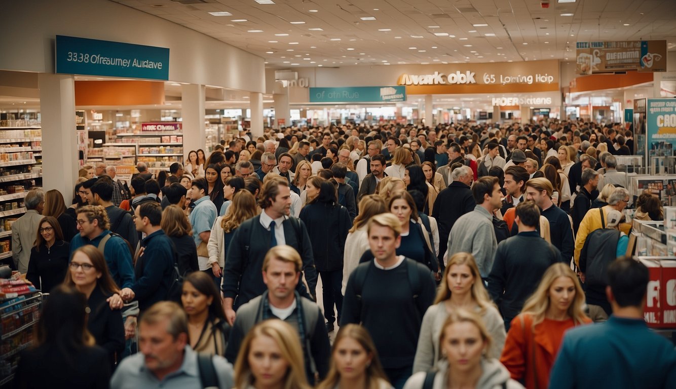 Crowds of eager shoppers flood the aisles, grabbing discounted items. Promotional signs and banners decorate the store, creating a sense of urgency and excitement