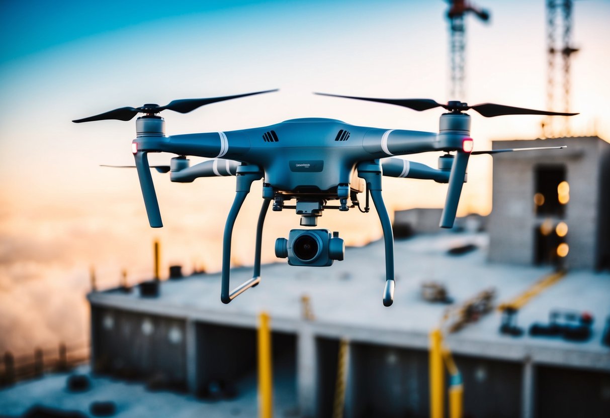 A drone hovers above a construction site, equipped with advanced surveying and mapping capabilities. It captures detailed images and data, increasing accessibility and efficiency on the job site