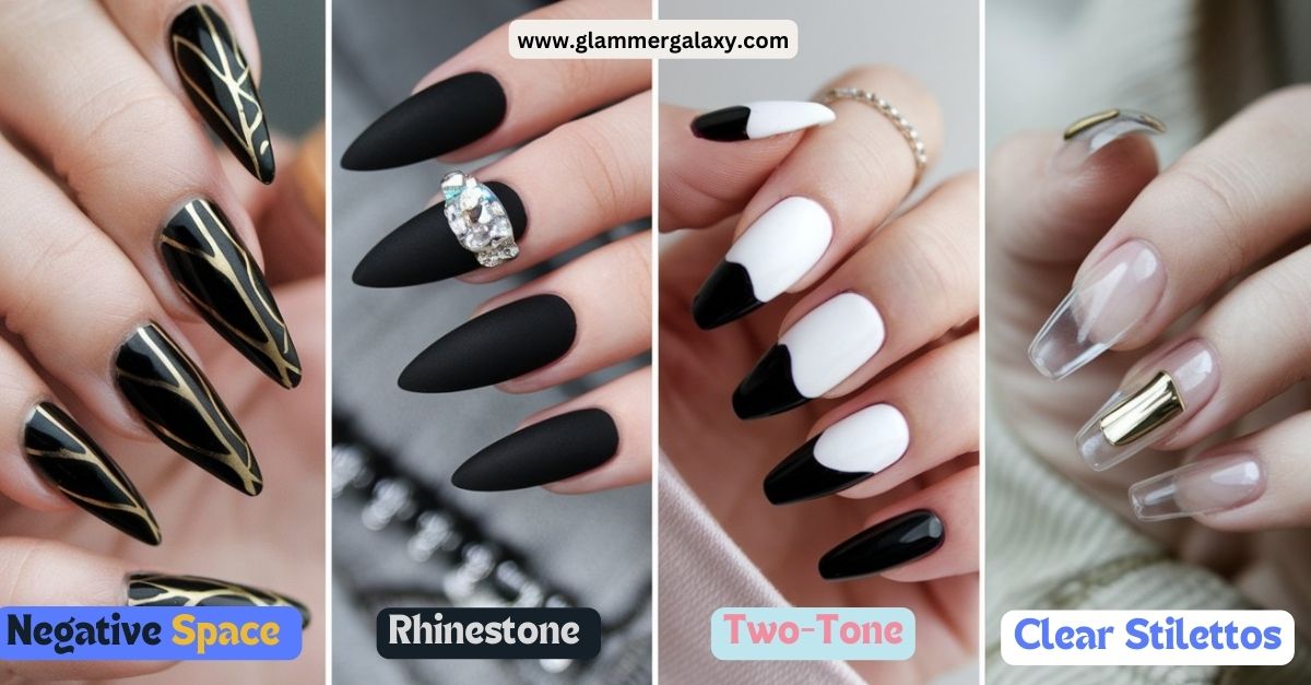 A picture of 4 images with negative space , rhinestone , two-tone and clear stilettos nail paint designs