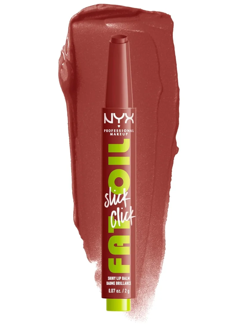 Red click-up stick of NYX Fat Oil Slick lip balm placed over a swatch of glossy color.