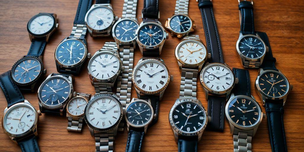 Various watches on a wooden surface, showcasing different styles.