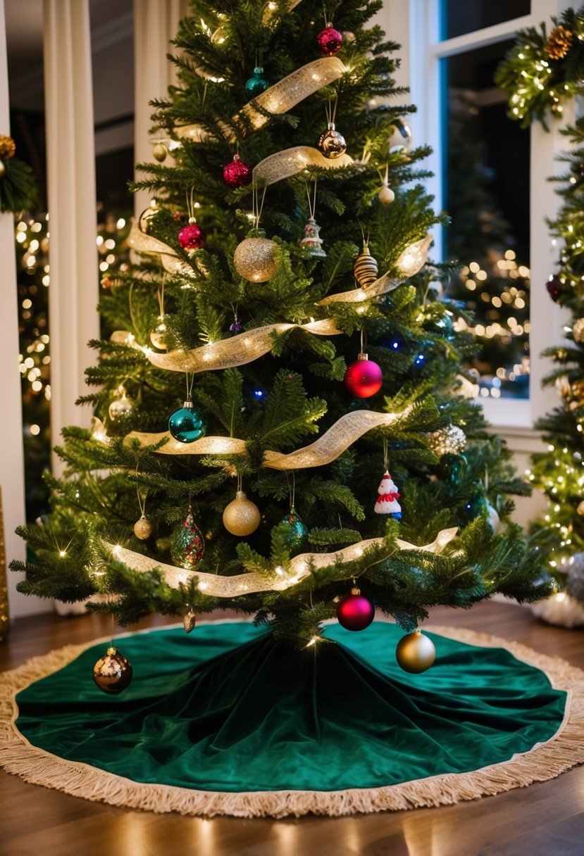 A lush green Christmas tree adorned with a rich velvet tree skirt, surrounded by twinkling lights and festive ornaments