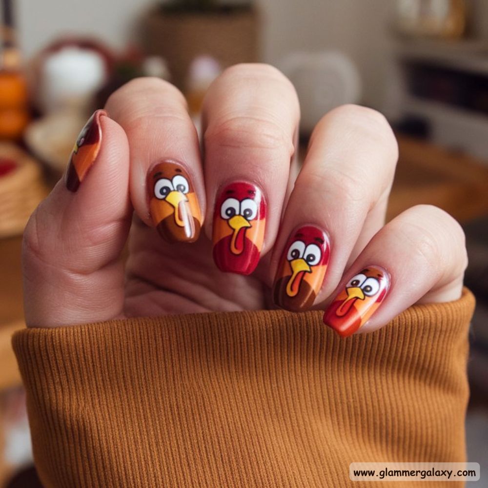 Thanksgiving Nail Designs having Playful Turkey Character Nail Art
