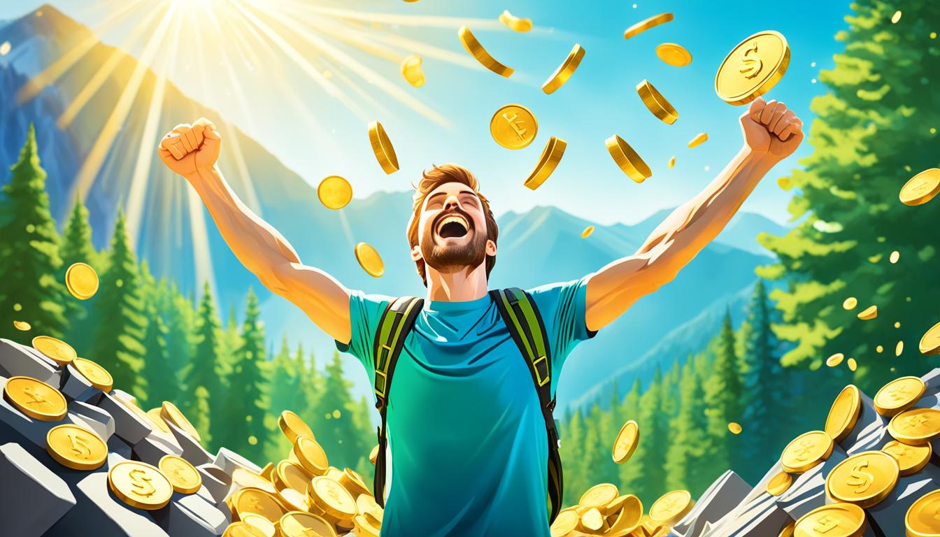 A person standing on top of a mountain peak, surrounded by a vibrant green forest and a clear blue sky. The person has their arms raised triumphantly towards the sky, with rays of golden light shining down on them. In front of them is a glittering path leading to a pile of gold coins and overflowing bags of money. The air is filled with sparkling energy and the feeling of abundance.