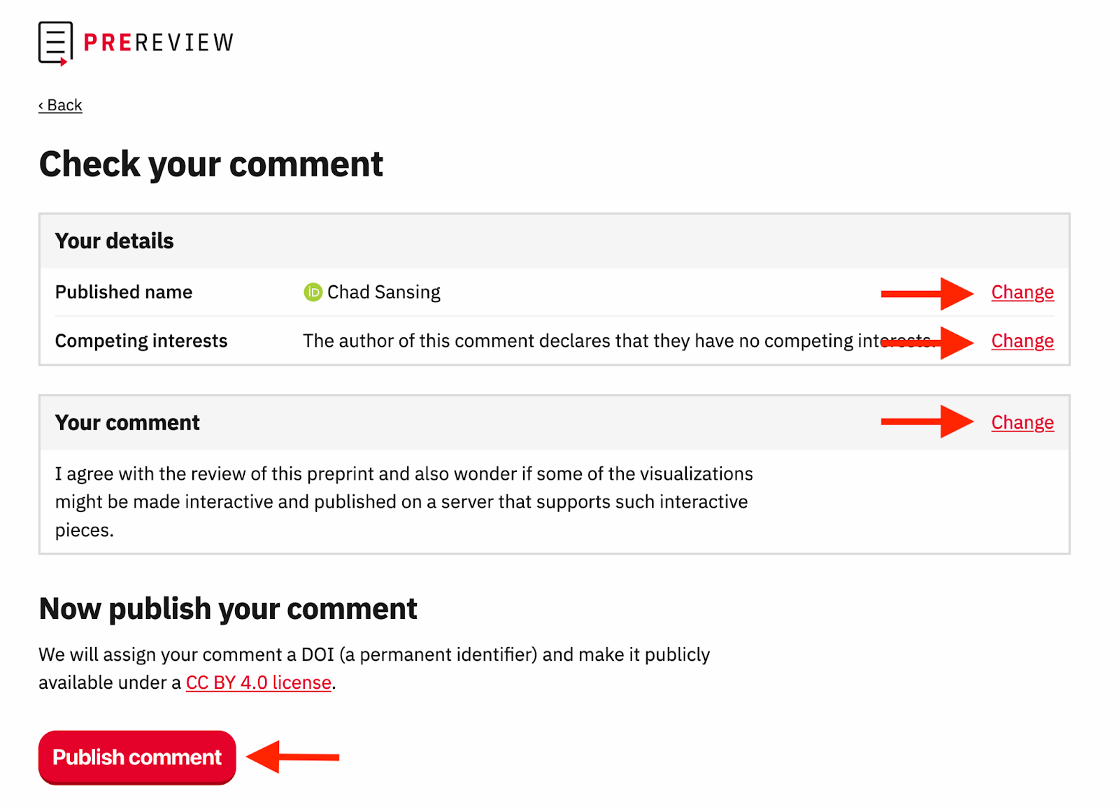 This is a screenshot from PREreview.org emphasizing how to double-check your comment before publishing it.