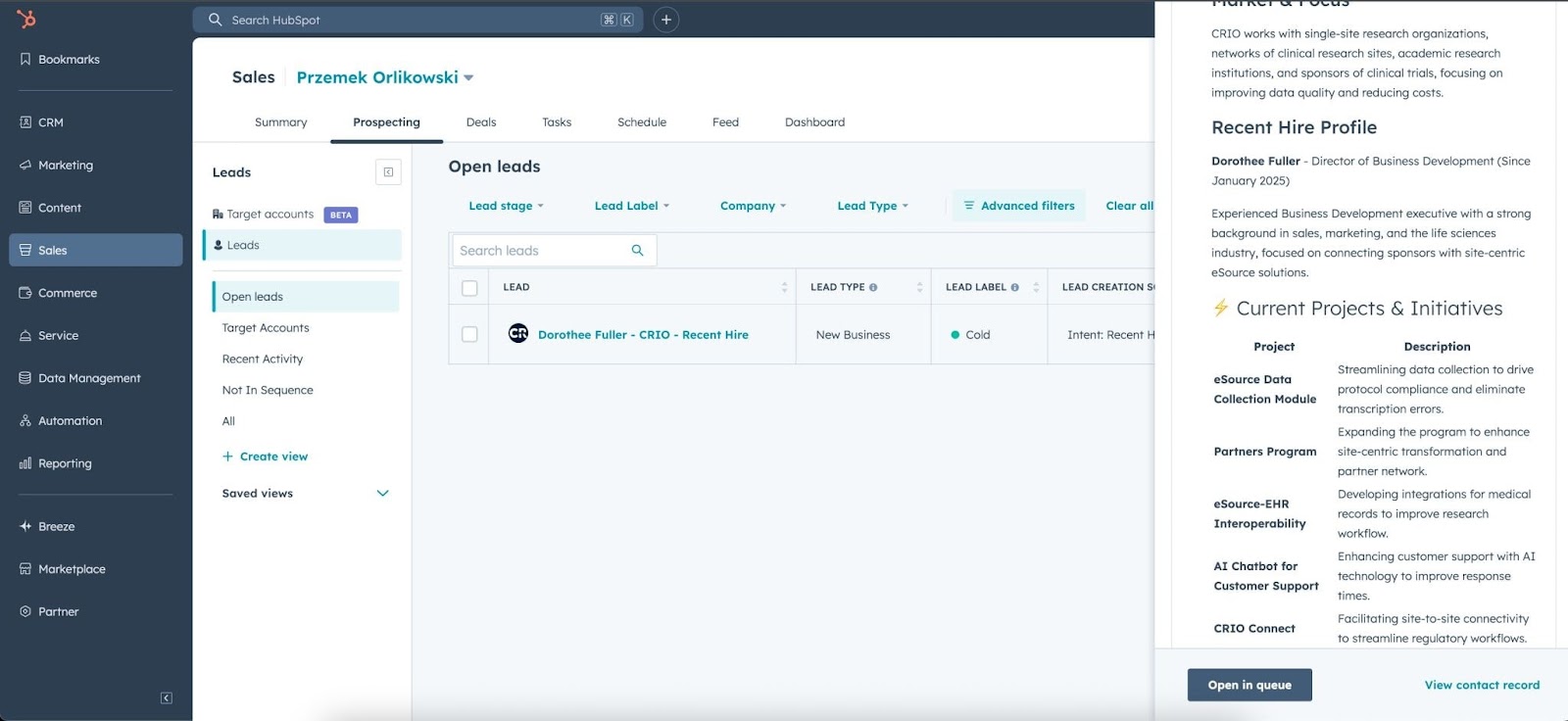Sales Workspace in HubSpotl