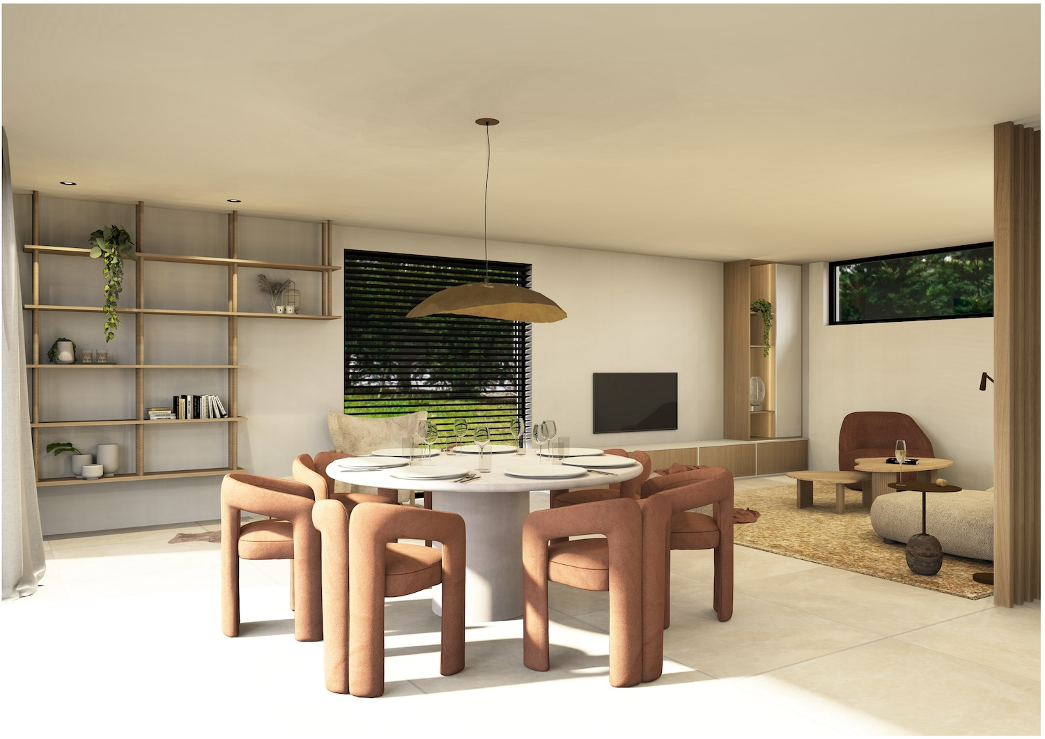 eetkamer met moderne koperkleurige eetkamerstoelen