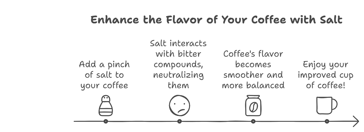 An infographic titled 'Enhance the Flavor of Your Coffee with Salt' with four steps illustrated by simple line drawings. Step 1: Add a pinch of salt to your coffee (depicted by a salt shaker). Step 2: Salt interacts with bitter compounds, neutralizing them (represented by a frowning face). Step 3: Coffee's flavor becomes smoother and more balanced (shown by a coffee bean container). Step 4: Enjoy your improved cup of coffee (illustrated by a coffee mug)."