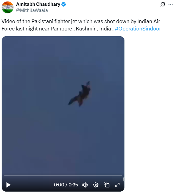 Pakistani fighter jet allegedly shot down by the Indian Air Force near Pampore, Kashmir