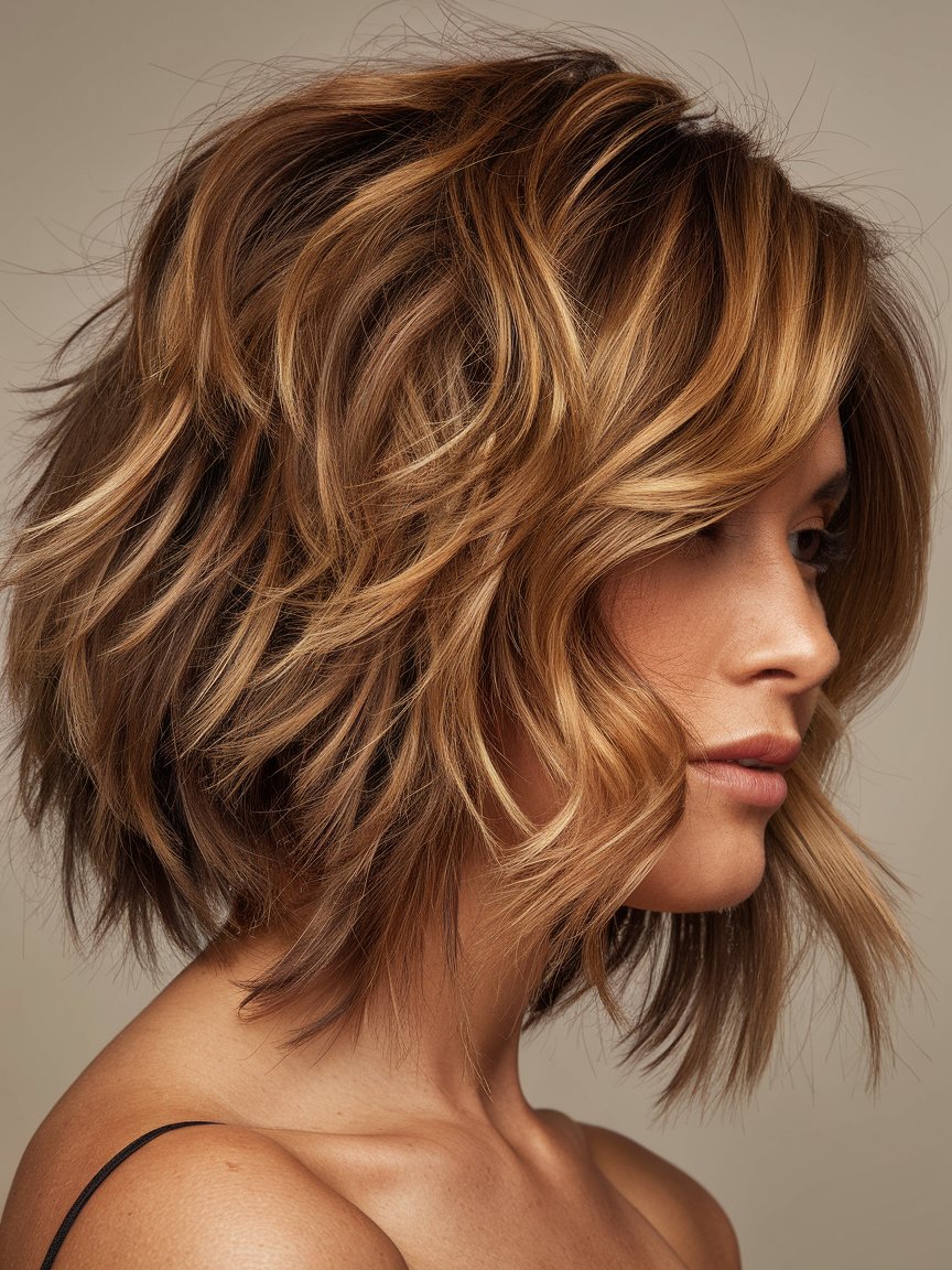 55. Golden Brown Wavy Bob with Highlights