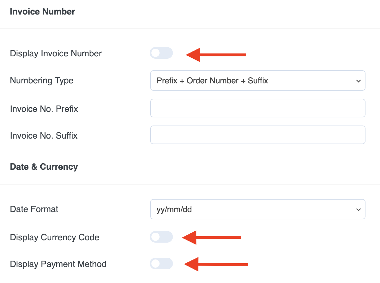 Invoice Number, Date & Currency