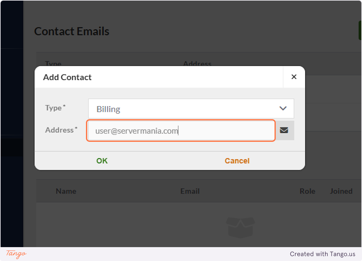 Type "user@servermania.com"
