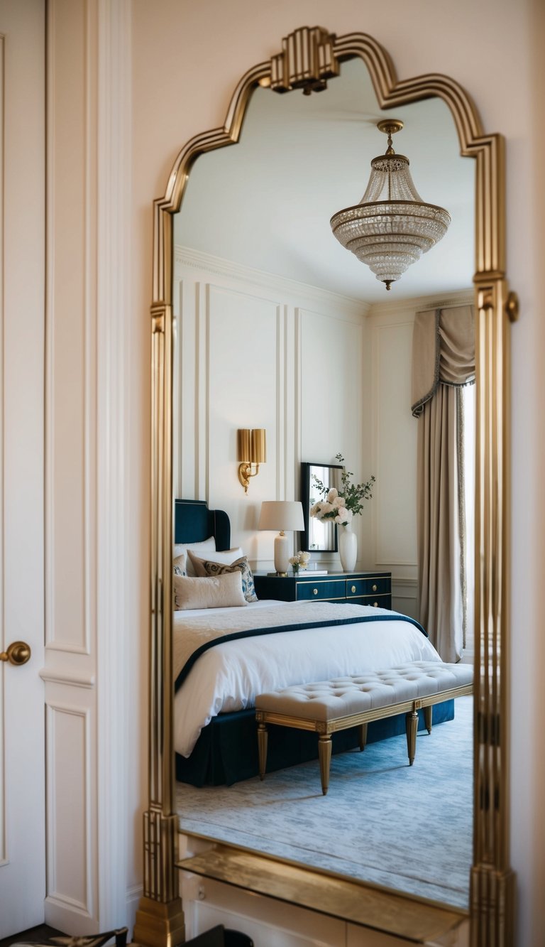 An Art Deco mirror reflects a stylish bedroom with elegant decor and luxurious furnishings, creating a sophisticated and glamorous atmosphere for a grown woman