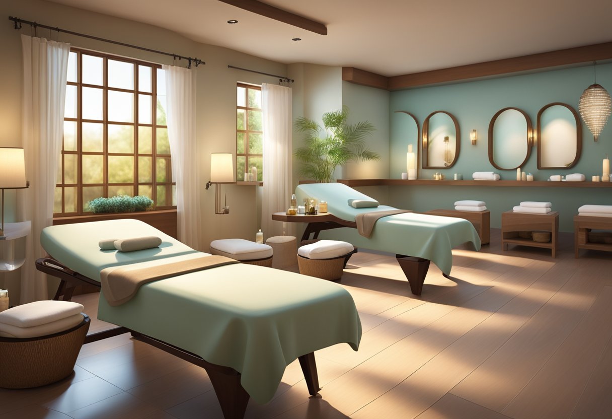 A serene spa setting with massage tables, facial chairs, and aromatherapy stations. Soft lighting and calming decor create a tranquil atmosphere for relaxation and pampering