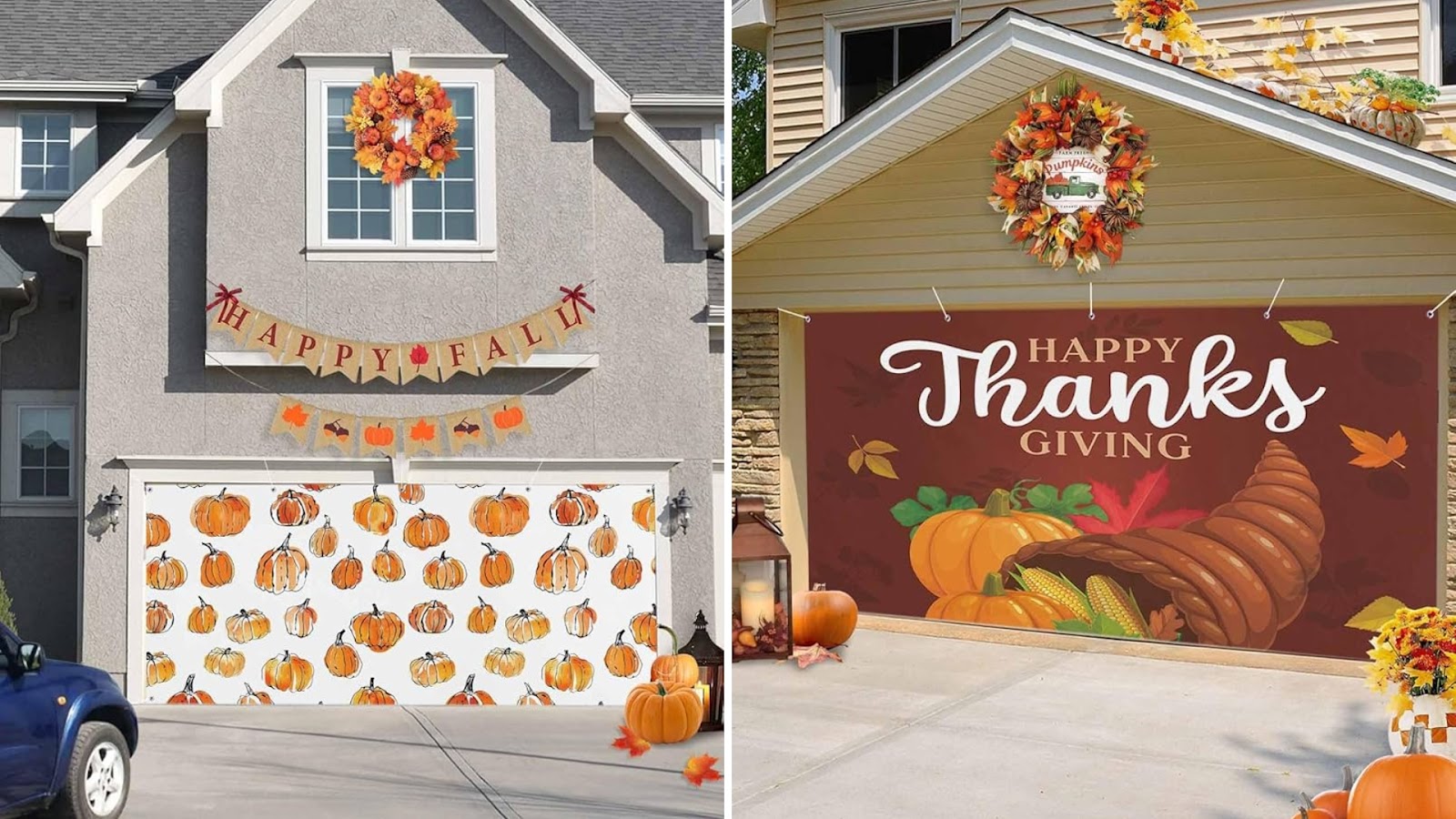 Holiday-themed garage door covers with fall and Thanksgiving designs.