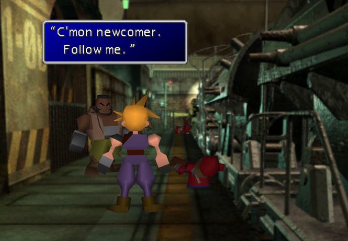 Tangkapan layar dalam game Final Fantasy 7 yang memperlihatkan Cloud dan Barrett berdiri di samping kereta api