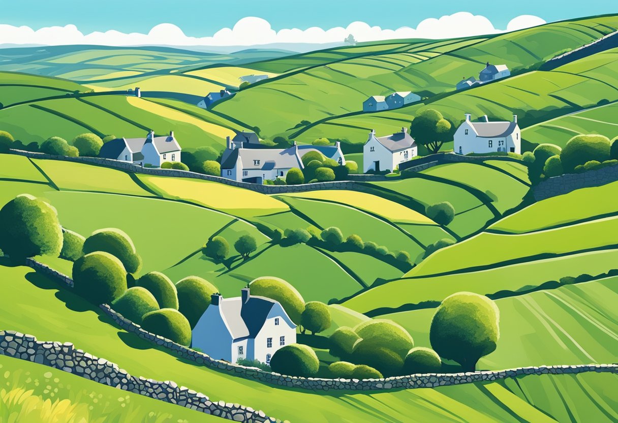 Green rolling hills, dotted with quaint cottages and winding stone walls, under a clear blue sky in Ireland