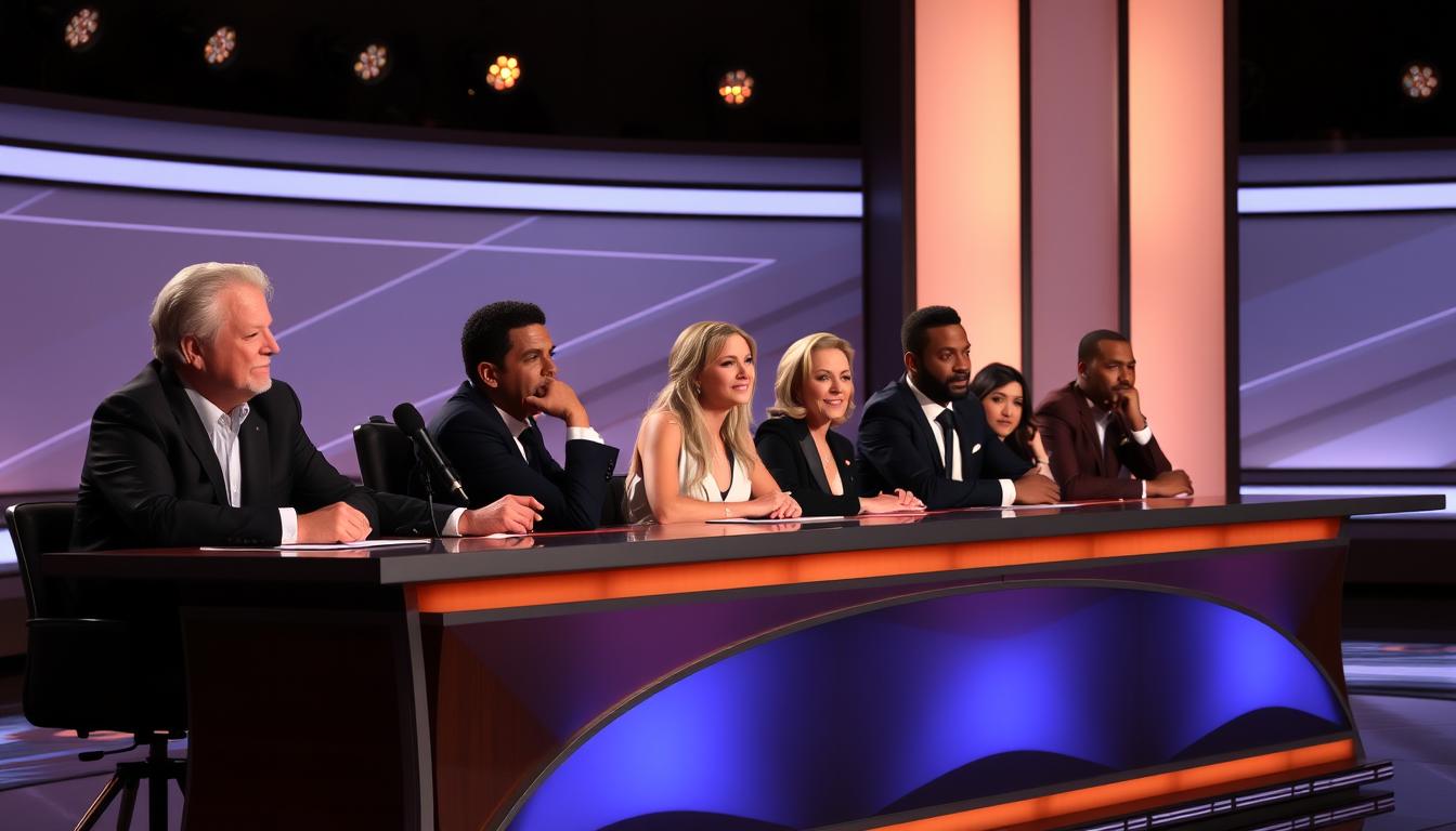 A well-lit studio set featuring the judges of American Idol, seated at a long panel table, engaged in thoughtful discussion. The judges, dressed in a range of stylish and professional attire, lean forward with expressions of focused attention, their faces illuminated by warm lighting that casts subtle shadows, creating a sense of depth and dimension. The background is a sleek, minimalist set design with a neutral color palette, allowing the judges to be the central focus. The overall mood is one of serious deliberation, with a touch of anticipation, as the judges evaluate the performances of the show's talented contestants.