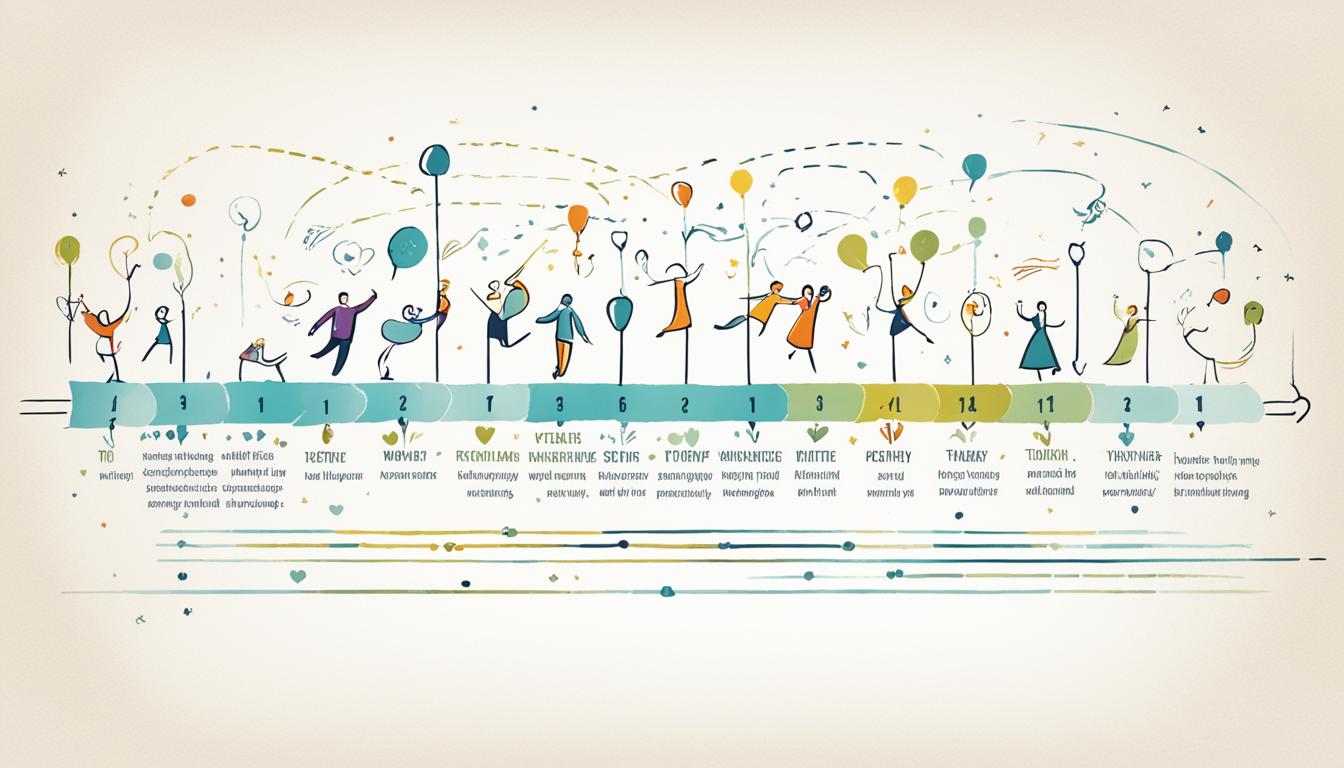 An image featuring a vertical timeline, with each step showcasing a different success story of people who manifested their perfect marriage partner. The first step shows a person writing down their ideal qualities in a partner, the second step shows them visualizing and affirming their desires, the third step shows them letting go of any resistance or doubt, the fourth step shows them taking inspired action towards their goal, and finally, the last step shows them celebrating with their partner who matches all of their desires perfectly. The image should be bright and colorful with each step having distinct visual elements that represent the process of manifestation.