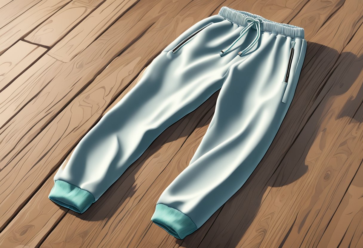 A pair of sweatpants made of soft, stretchy fabric, with a drawstring waistband and cuffed ankles, lying on a wooden floor