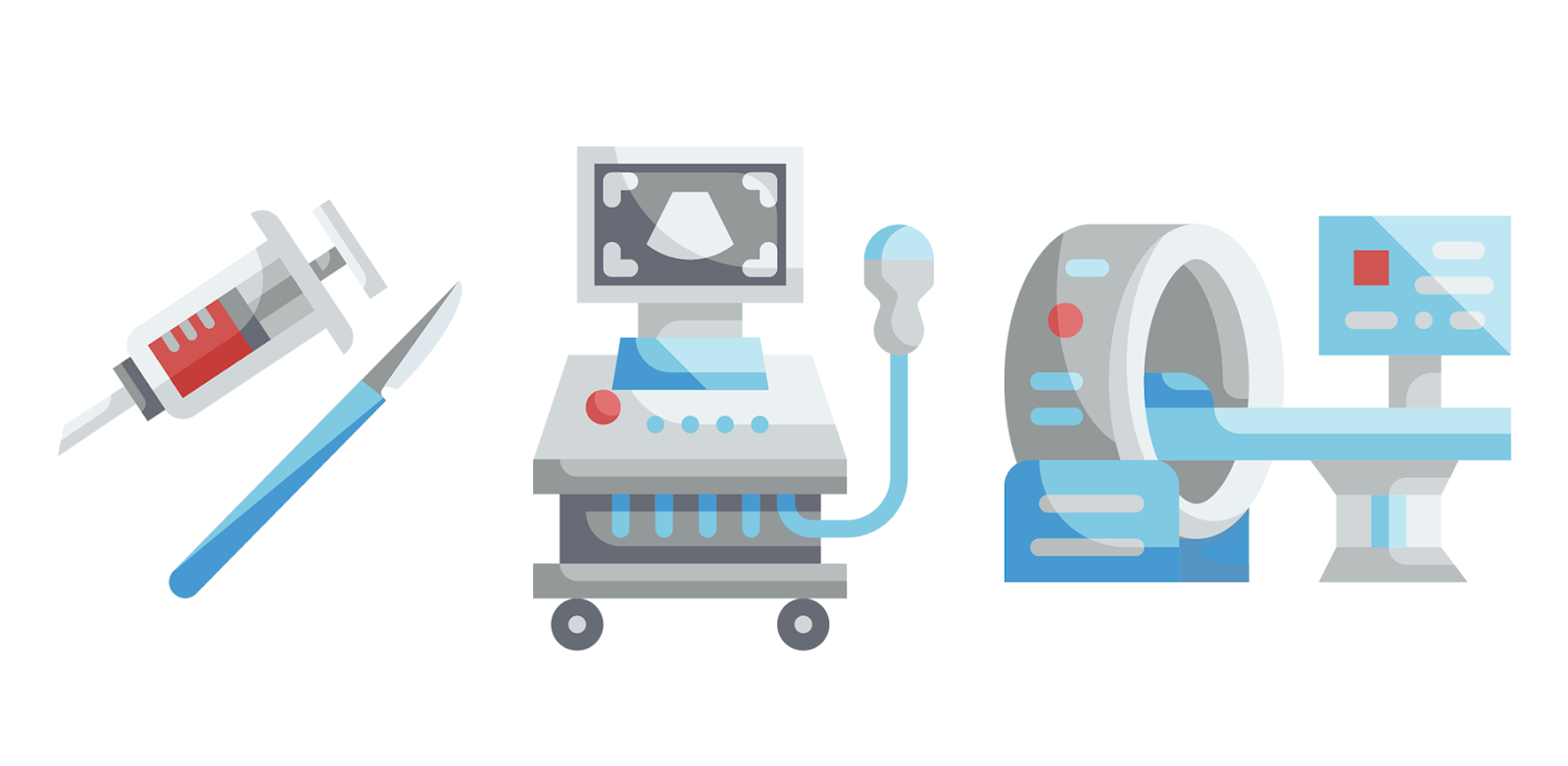 Illustrations representing Clavien-Dindo Scale Grade III complications treatment by syringe, scalpel, ultrasound scan, and CT scan.