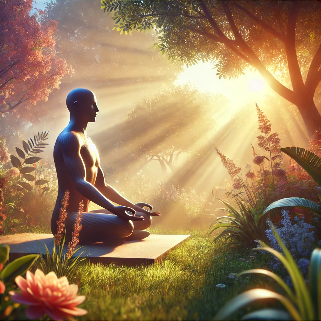  A peaceful scene of a person meditating outdoors at sunrise, sitting in a calm yoga pose surrounded by soft rays of light. The natural environment features blooming flowers and trees, evoking a sense of inner peace and personal growth. The image represents the strengthening of mind and spirit through daily affirmations and gratitude practices.