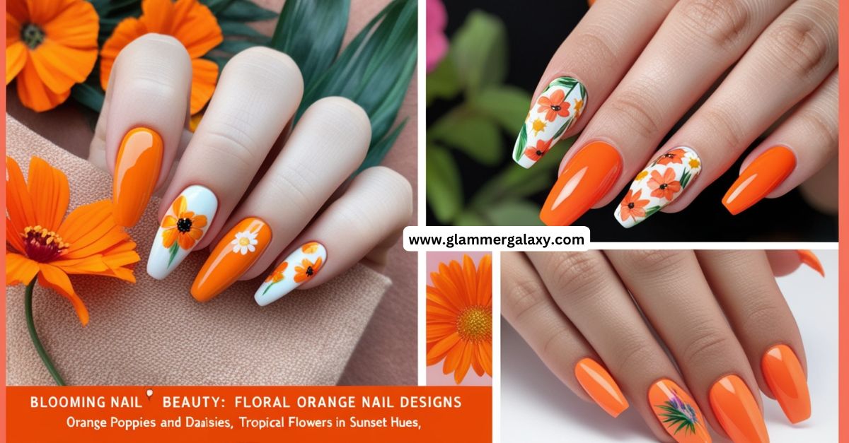 Daisies designs on orange nails