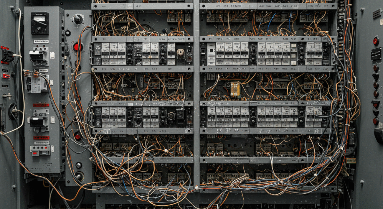 [Image: A complex, old-fashioned industrial control panel filled with rows upon rows of electromechanical relays, festooned with tangled wires. Caption: "A typical relay logic control panel – complex, inflexible, and a maintenance nightmare."]