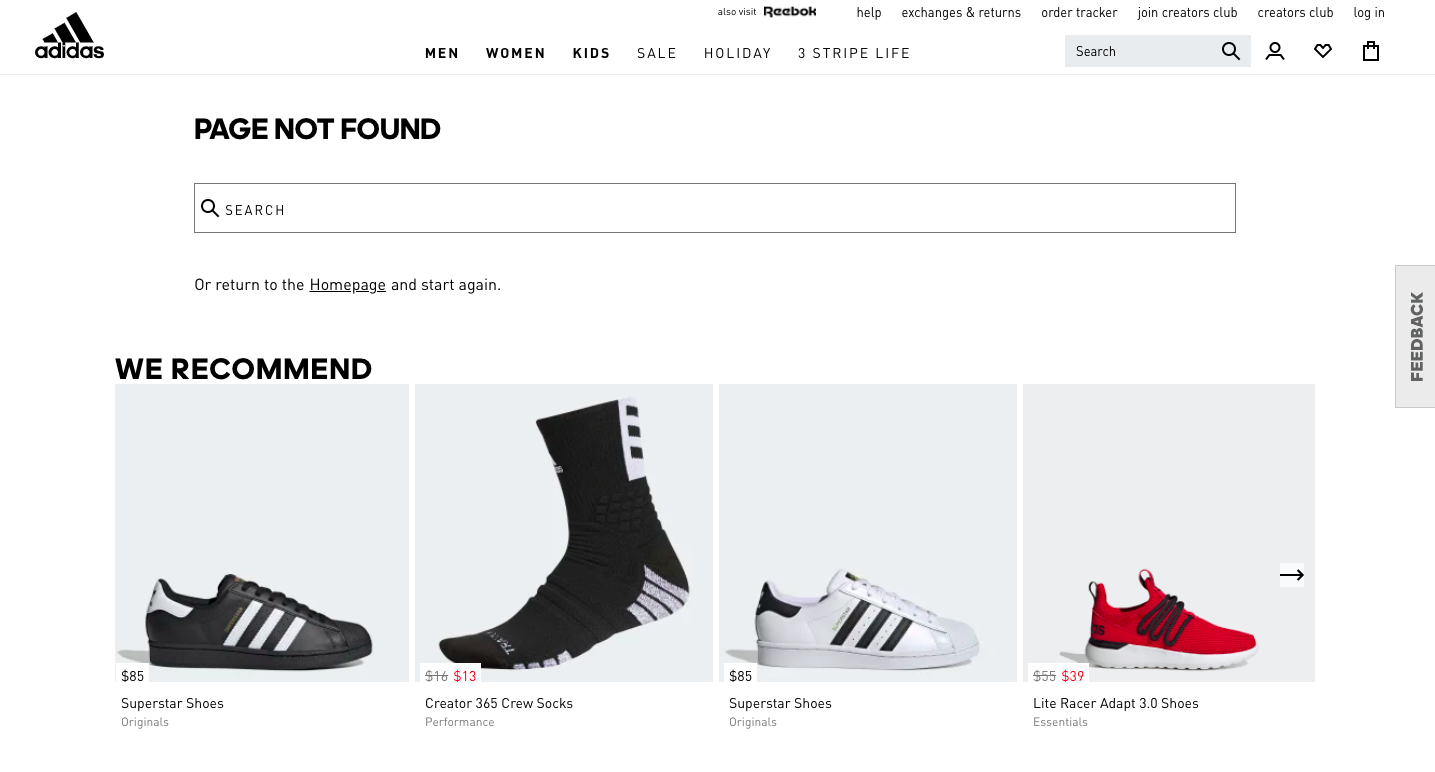 Adidas provides product recommendations on the 404 page