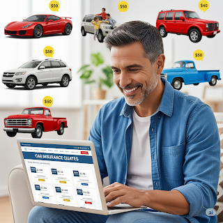 Person comparing vehicle insurance quotes on a laptop with cars and price tags.